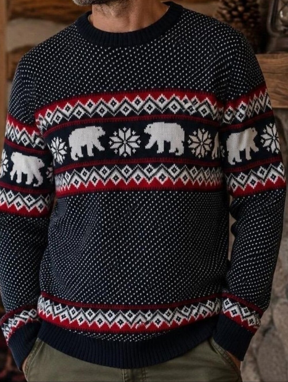 NWT Aspen Men's Navy Bear Fair Isle Sweater - Classic Winter Cotton Knit Size M